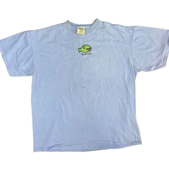 Vtg 90s Big Hed Designs Cartoon Fish Boston Single Stitch Blue Size XL - Picture 2 of 7